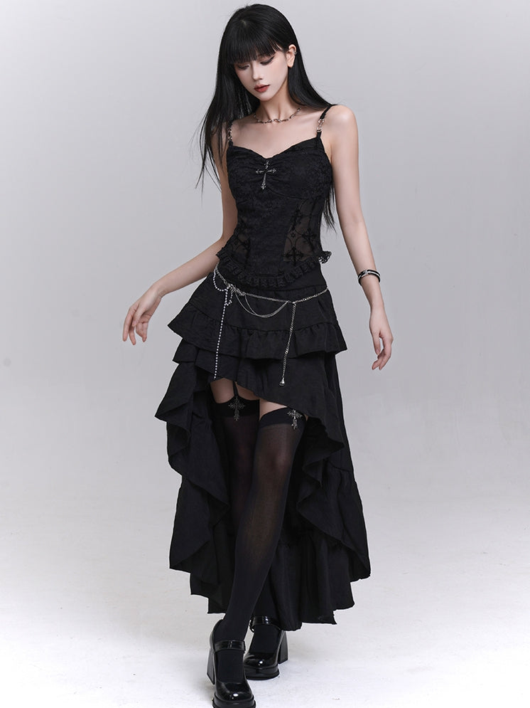 Black Lace Patches Waist Cross Decorated Cami Top with Beaded Chains