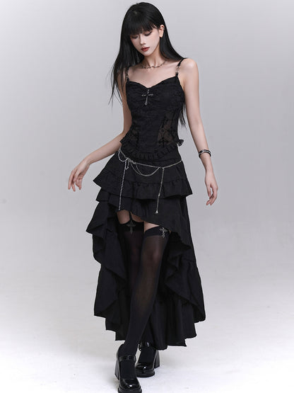 Black Lace Patches Waist Cross Decorated Cami Top with Beaded Chains