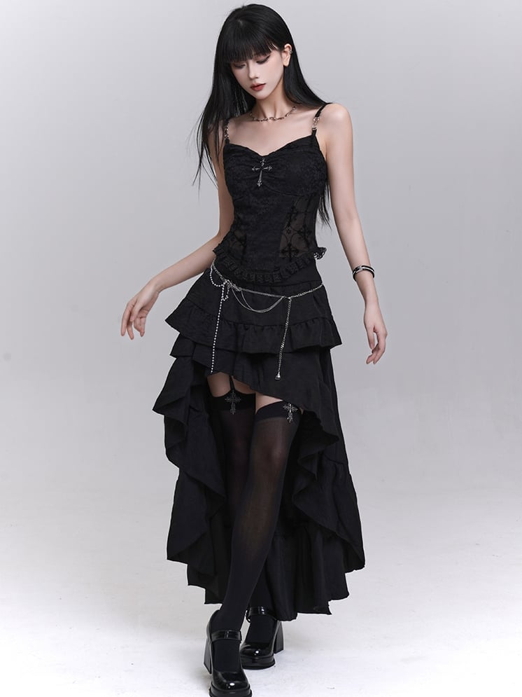 Black Cascading Flounce Trim High-low Skirt