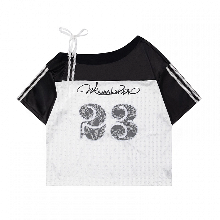 Black and White Colorblock Number Lace Applique Asymmetrical Neckline T-shirt