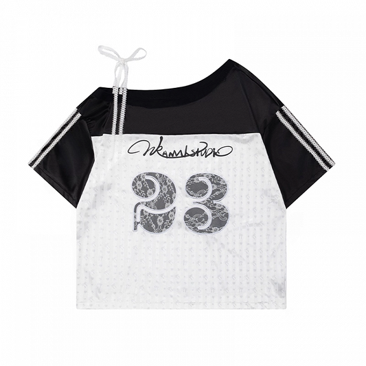 Black and White Colorblock Number Lace Applique Asymmetrical Neckline T-shirt