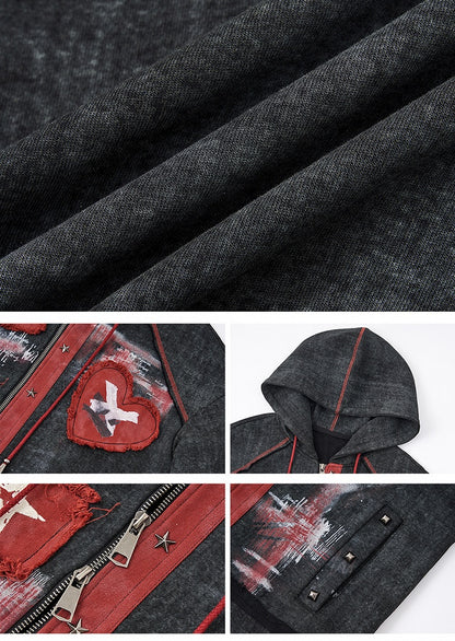 Sweetheart Applique Black Gothic Punk Distressed Zip Hoodie with Studs