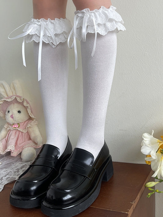 White/Black Double Layers Lace Trim Lolita Under-Knee Stockings
