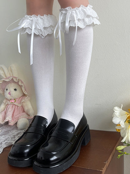 White/Black Double Layers Lace Trim Lolita Under-Knee Stockings
