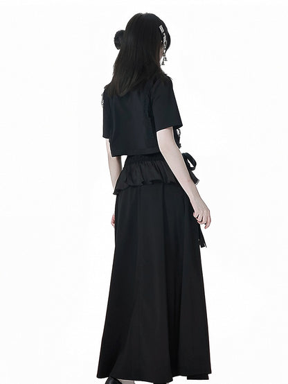 Black Cheongsam Style Long Skirt with Flounce Hem Corset Belt Set Free Beaded Waist Chain