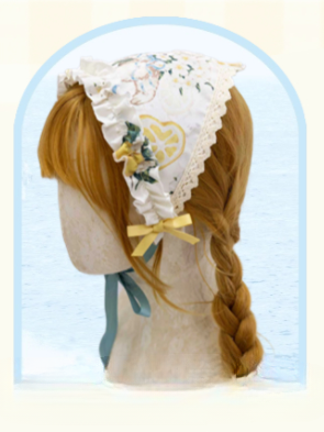 White & Yellow Floral and Lemon Print Lolita Triangular Headscarf with Lace Edging and Bow Accents