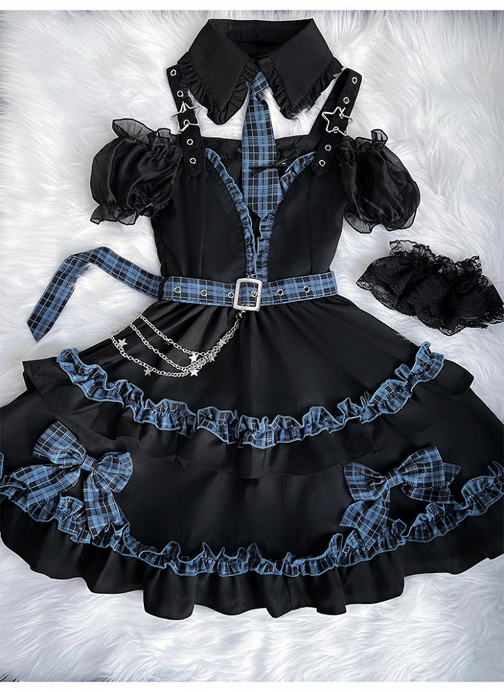 Black and Blue Plaid Cutout Shoulder Tiered Skirt Idol Lolita Dress Full Set
