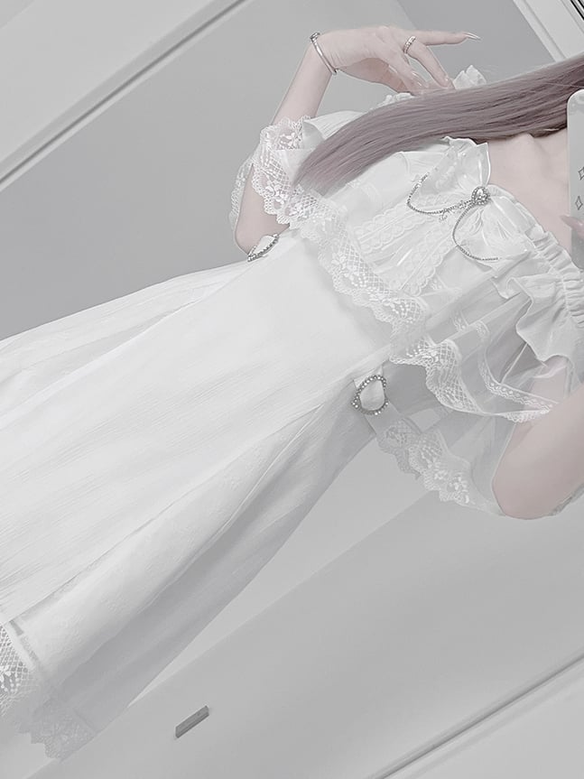 Jirai Kei White Off-the-shoulder Neckline Cape Design Dress with Chains Decorated Bowknot