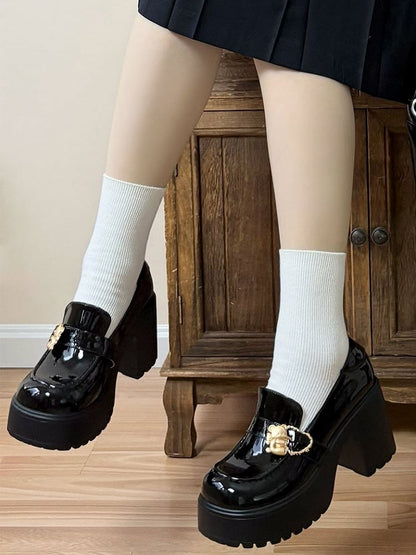 Polished Black Hugging Bear Heart Buckles Platform High Block Heels Slipons