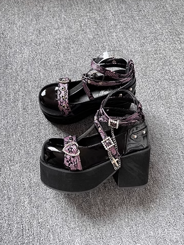 Rhinestoned Heart Design Black and Pink Jirai Kei Buckle Ankle Strap Platforms with Cross Chain