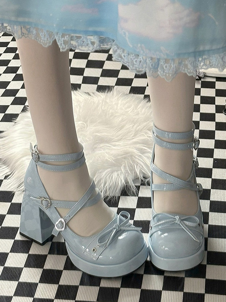 Bowknot at Top Blue High Block Heel Platform Mary Janes