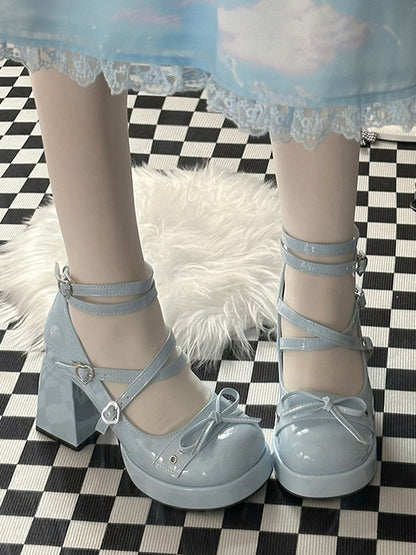 Bowknot at Top Blue High Block Heel Platform Mary Janes