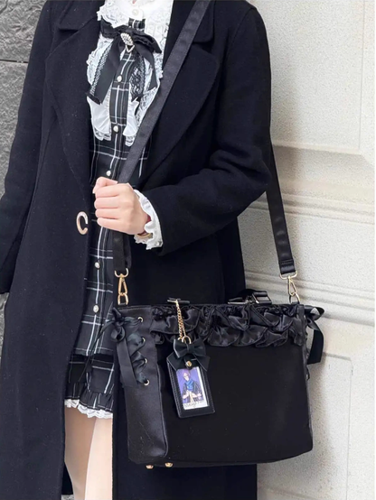 Black Satin Ruffle Trims Self-tie Straps Ita Bag With Bow Card Holder