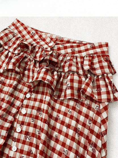 Red Plaid Pattern Floral Print Twist Details Shirt + Thigh-high Slit High-low Skirt