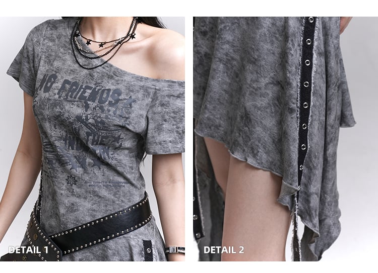 Asymmetrical Neckline Cascading Ruffles Gray/Black Tie Dye Dress with Waist Belt