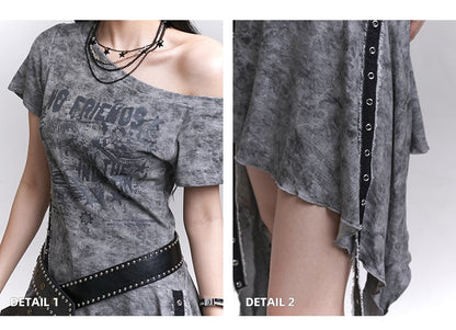 Asymmetrical Neckline Cascading Ruffles Gray/Black Tie Dye Dress with Waist Belt