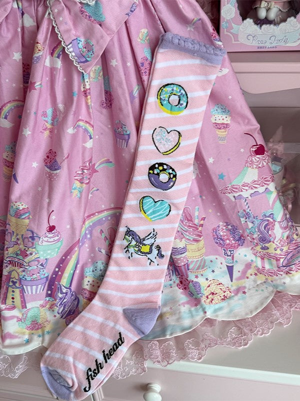 Pink/Yellow/Blue/Purple Unicorn Donut Print Striped Pattern Lolita Over Knee Stockings