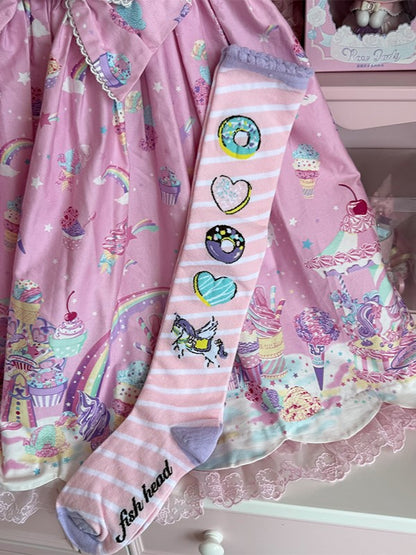 Pink/Yellow/Blue/Purple Unicorn Donut Print Striped Pattern Lolita Over Knee Stockings