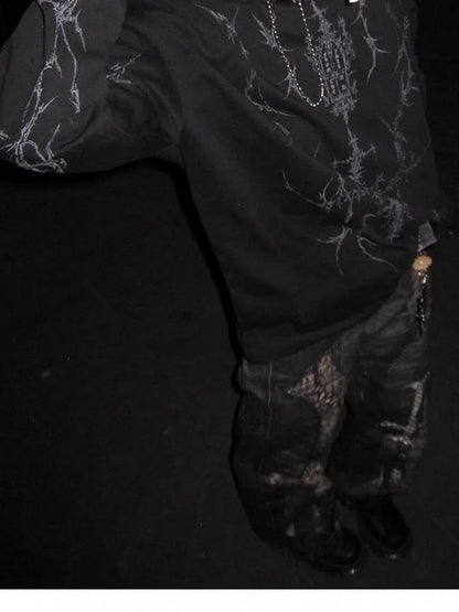 Y2K Punk Print Black Long Sleeves Top