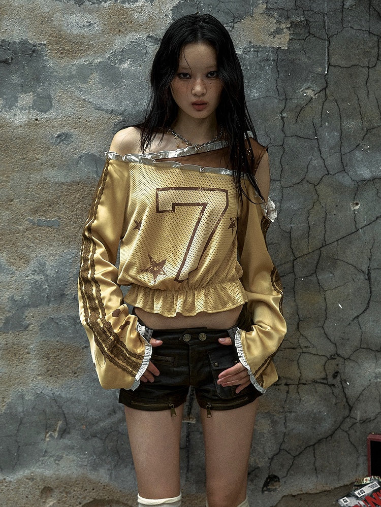 Yellow Asymmetrical Neckline Number Print Blokette Core Punk Top