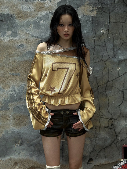 Yellow Asymmetrical Neckline Number Print Blokette Core Punk Top