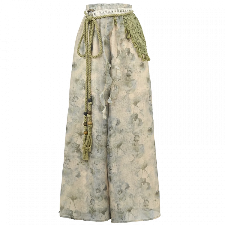 Mori Kei Green Tie Dye Wide-Leg Pants with Detachable Knitted Accessory Regular/Short Version