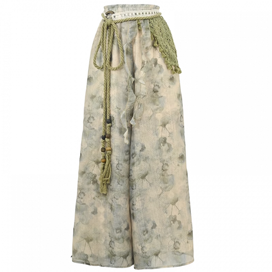 Mori Kei Green Tie Dye Wide-Leg Pants with Detachable Knitted Accessory Regular/Short Version