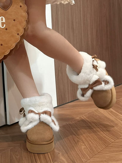 Sweet Light Brown Winter Boots for Lolita - Plush Dot Bunny Accents with Adjustable Pompom Ties