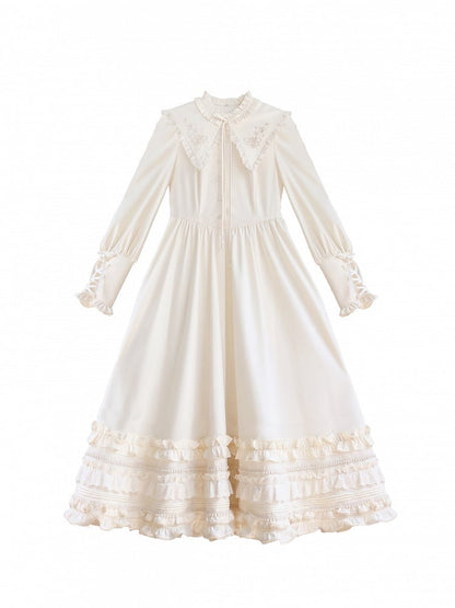 Floral Embroidery Collar Lace-up Detail Apricot Vintage Leg-of-Mutton Sleeves Dress