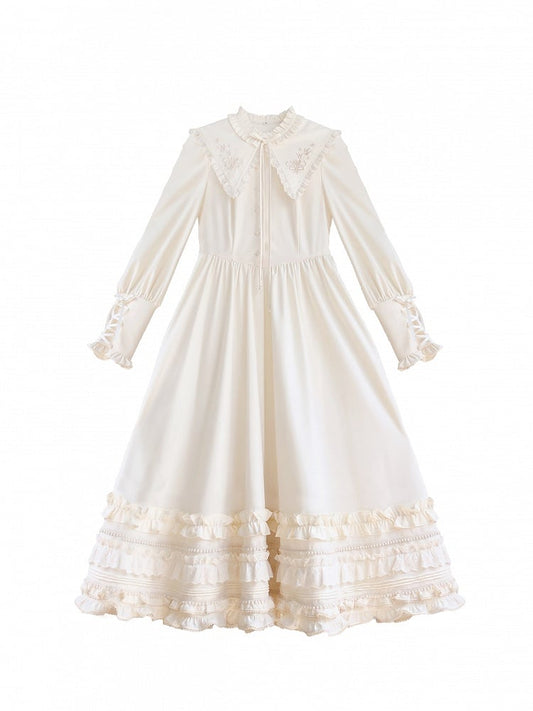 Floral Embroidery Collar Lace-up Detail Apricot Vintage Leg-of-Mutton Sleeves Dress
