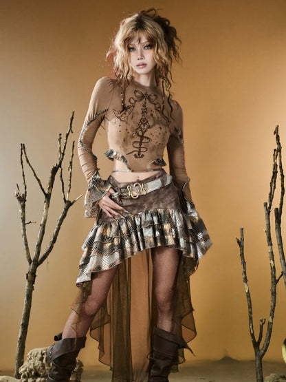 Brown Wasteland Punk Snakeskin Pattern Print Design Bell Sleeves Top