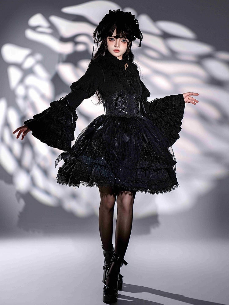 Black Ruffle Neckline Layered Bell Sleeves Kuro Gothic Lolita Shirt with Jabot Tie