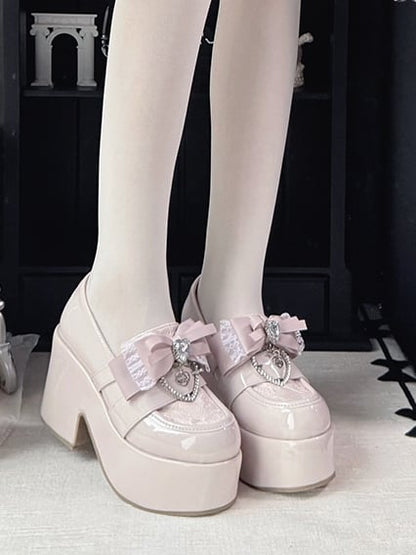 Jirai Kei Dusty Pink Platform Shoes: 9.5cm Block Heel with Top Bow & Heart Rhinestone