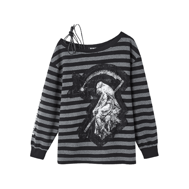 Black & Gray Stripes Drawstring Design Asymmetrical Neckline Applique Punk Top