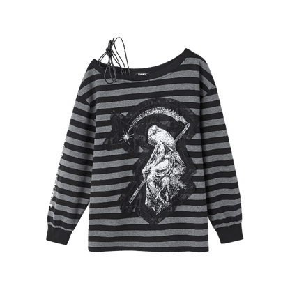 Black & Gray Stripes Drawstring Design Asymmetrical Neckline Applique Punk Top