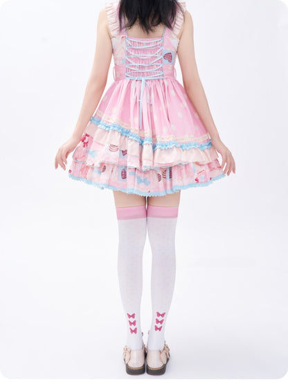 Red Apple and Bow Print Over Knee Stockings