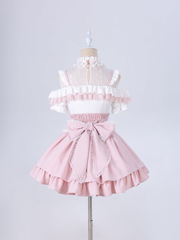Sweet Pink Jirai Kei High Waist Layered Skirt Smocked Elastic and Self-tie Bow Back