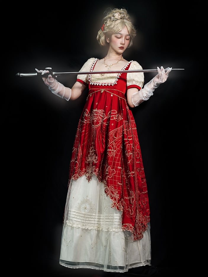 Delicate Gold Celestial Map Embroidery Empire Waist Wine Red and Beige Elegant Classic Lolita One Piece