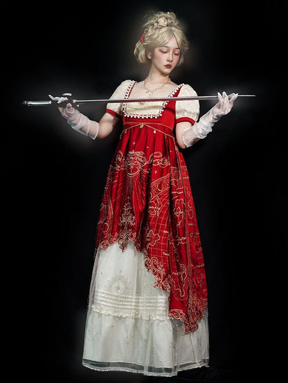 Delicate Gold Celestial Map Embroidery Empire Waist Wine Red and Beige Elegant Classic Lolita One Piece