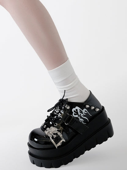 Polished Black Y2K Bittersweet Studs Details Print Design Platform Shoes