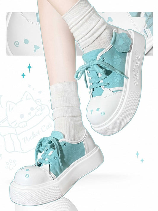 Mint Green Kitty Design Claw Pattern Platform Sneakers