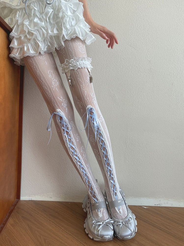 Blue Lace-up Detail Floral Pattern Hollow-out Tights