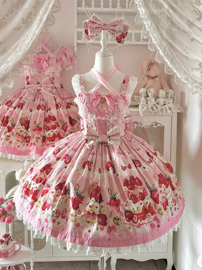 Strawberry Cake Print Pink Sweet Lolita Jumper Skirt