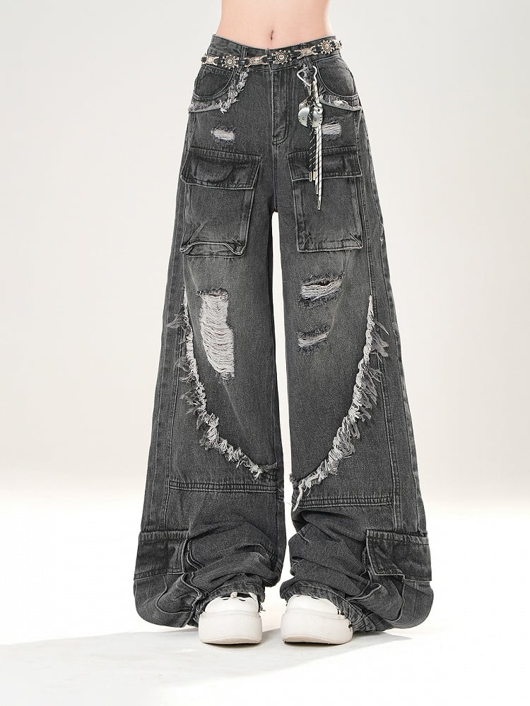Black/Blue Low Rise Distressed Holes Raw Hem Wide-Leg Cargo Jeans