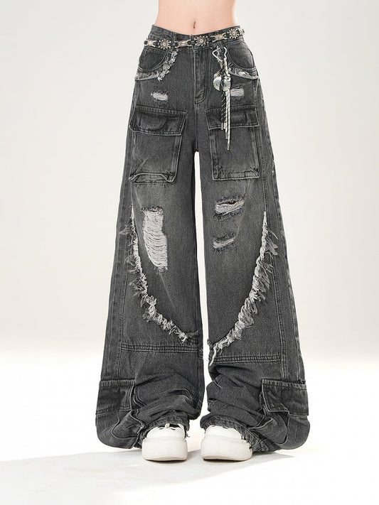 Black/Blue Low Rise Distressed Holes Raw Hem Wide-Leg Cargo Jeans