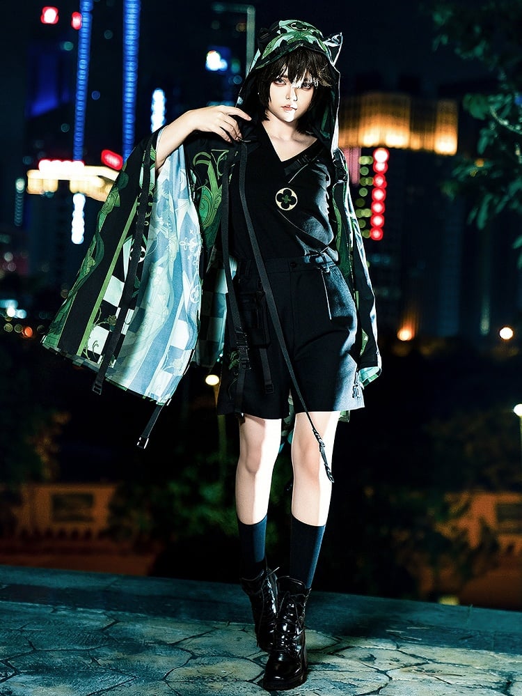 Black Ouji Fashion Buckle Strap V-neck Techwear T-shirt