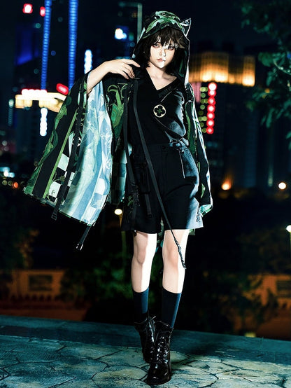 Black Ouji Fashion Buckle Strap V-neck Techwear T-shirt