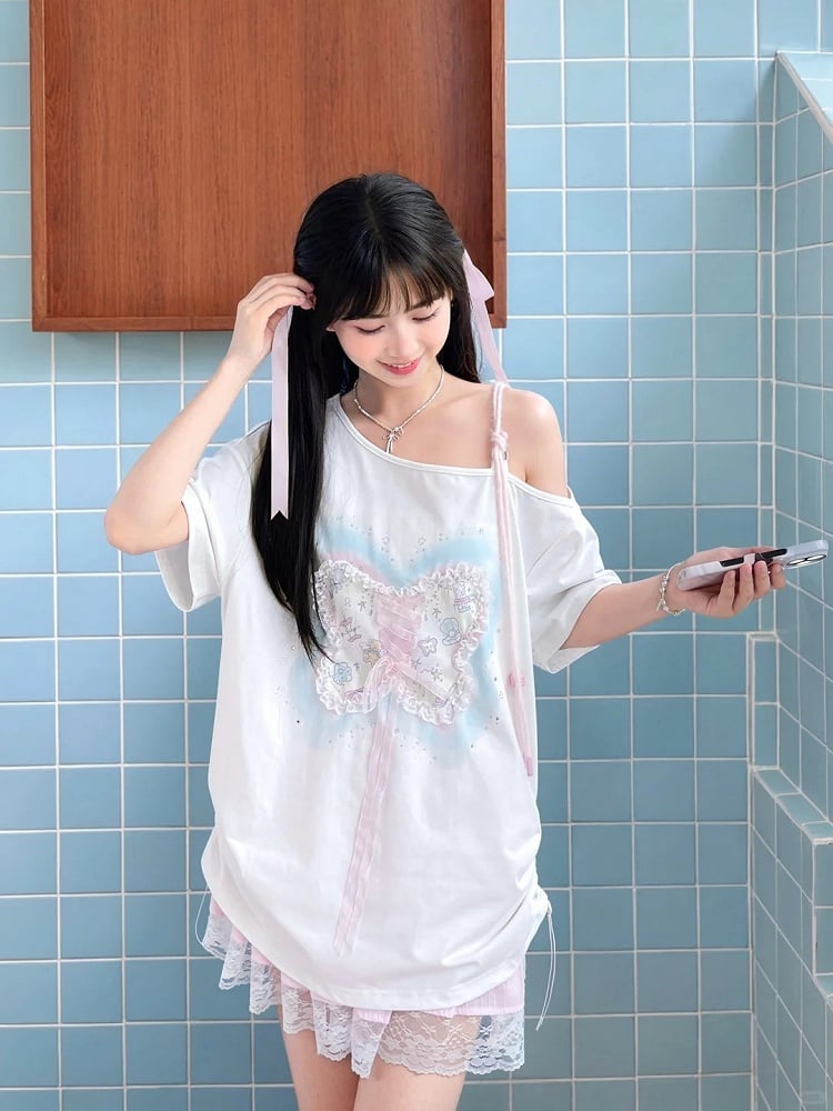 Sequins Decorated Butterfly Lace-up Detail White Asymmetrical Neckline T-shirt