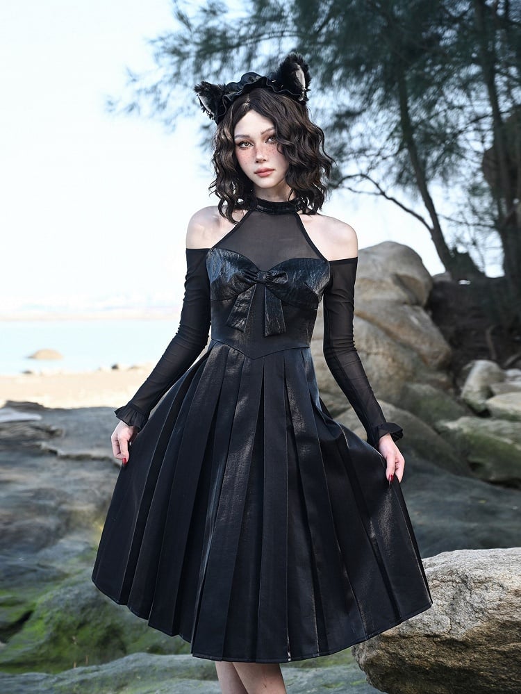 Cutout Shoulder Black Hepburn Elegant Halter Neck Dress