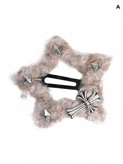 Cross Decorated Light Coffee Plush Star/Cloud Shaped Hairclip